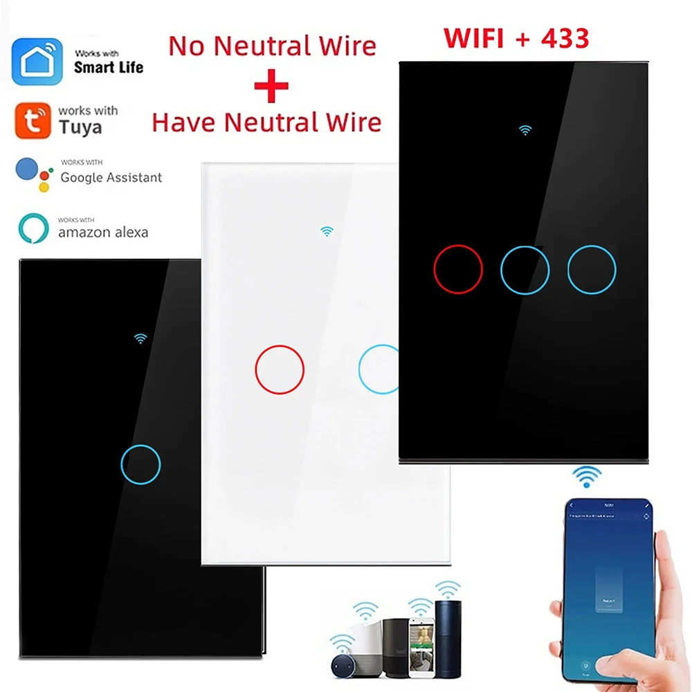 

US WiFi Smart Touch Wall Switch No Neutral Wire Required RF433 Remote Control Works with Tuya App Alexa Google Home 1/2/3 Gang