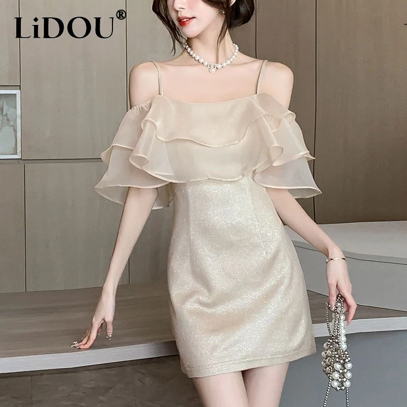 Summer New Elegant Fashion Off the Shoulder Shiny Bodycon Dress Ladies Ruffles Sexy Slip Evening Party Mesh Robe Vestidos Women