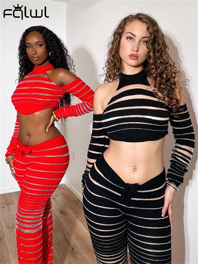 Habbris Summer Mesh Knit Patchwork 2 Piece Set Casual Party For Women 2024 Off Shoulder Crop Tops And Stripe Pants Matching Set