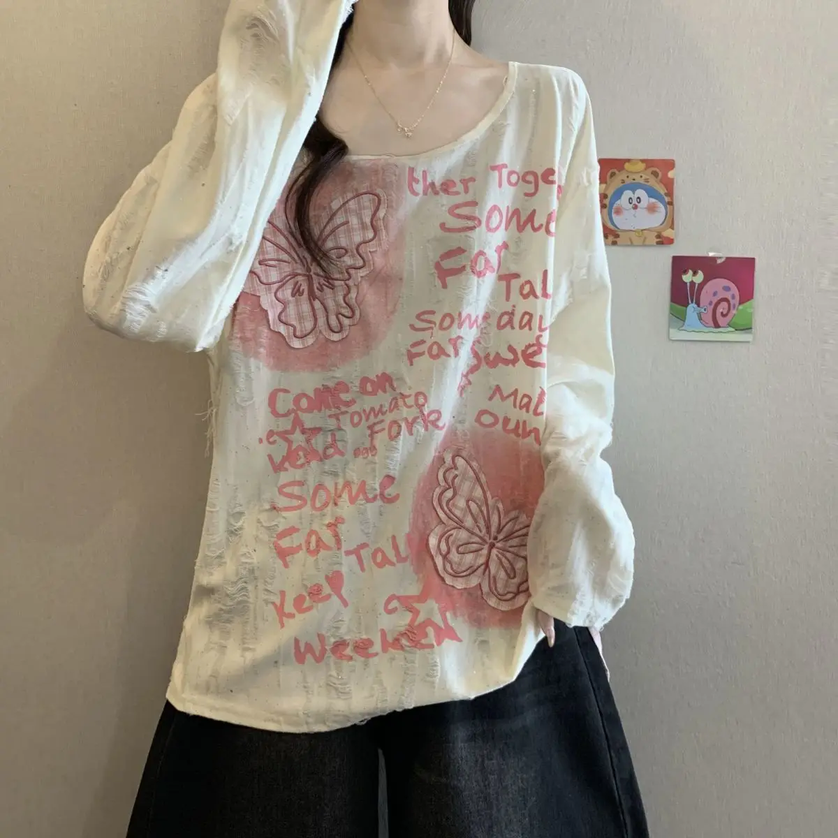 Large Size American Butterfly Slanted Shoulder Long Sleeved T-Shirt for Women, Autumn New Style, Loose Drawstring Top for Women