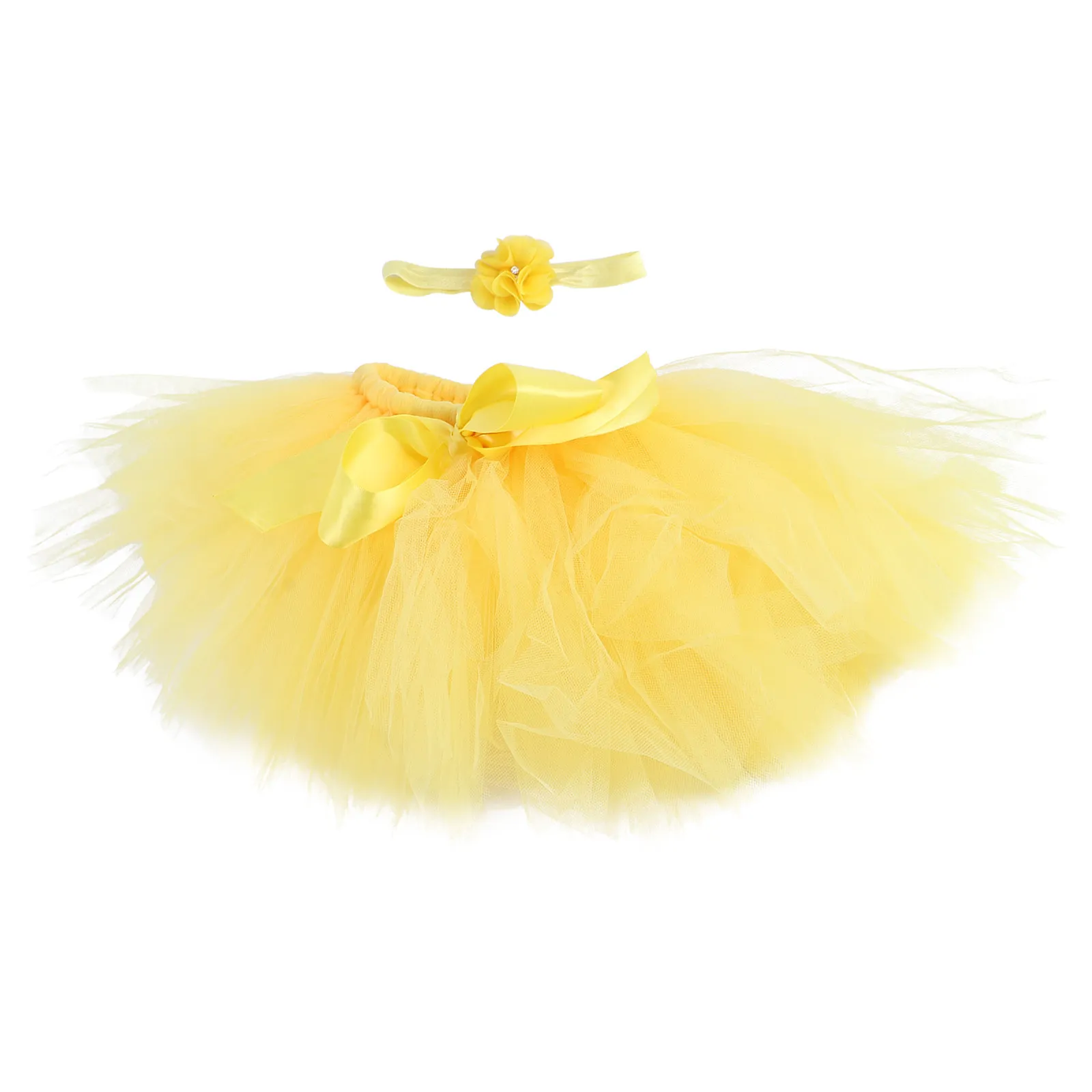 Infant Tutu Skirt Yellow Bow-Knot Tulle Dress Outfit with Matching Headband for Newborn Photography Soft Elastic Breathable