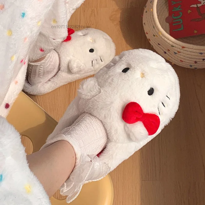 Sanrio Hello Kitty Plush Slippers For Women Fall Winter New Ins Cotton Slippers Anti Slip Indoor Kawaii Anime Fluffy Shoes Y2k