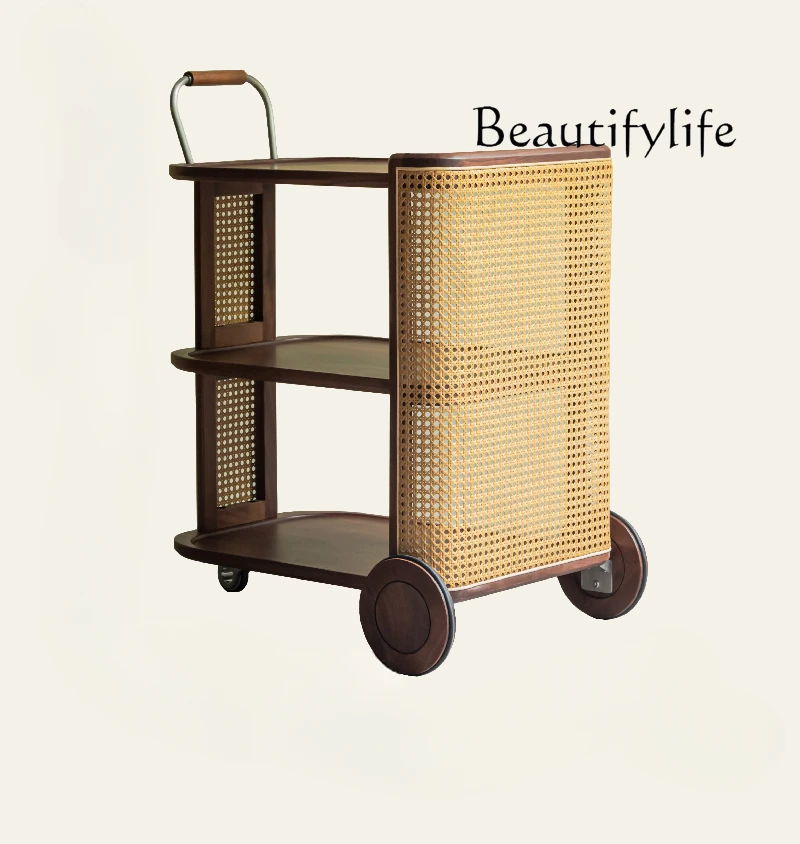 Living Room Sofa and Tea Table Side Table Trolley Rattan Solid Wood Movable Snack Cart Narrow Corner Table