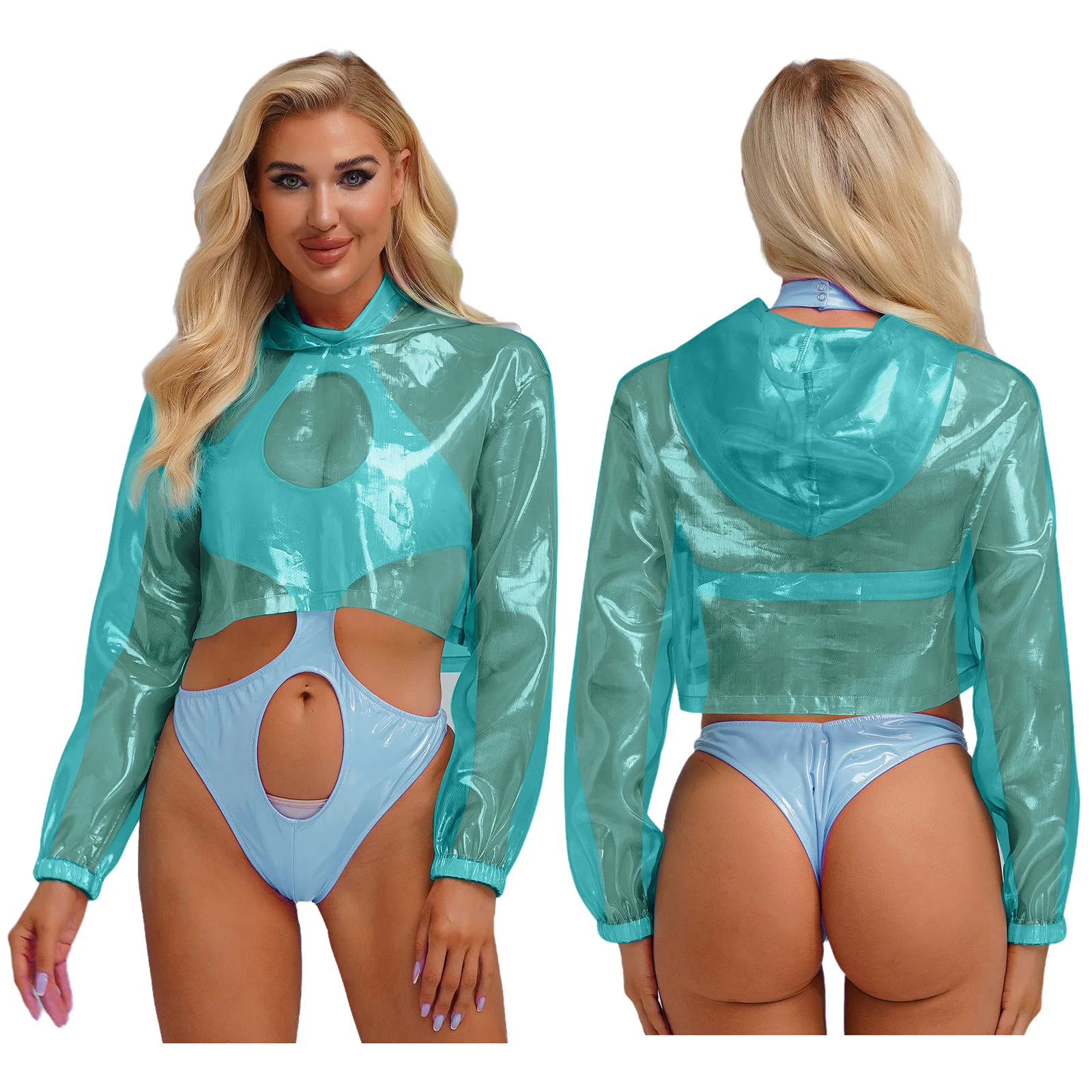 

Womens Sparkly Transparent Hooded Top Holographic Long Sleeve Cropped Tee Shirts Festival Rave Outfits Pullover Hoodie Clubwear