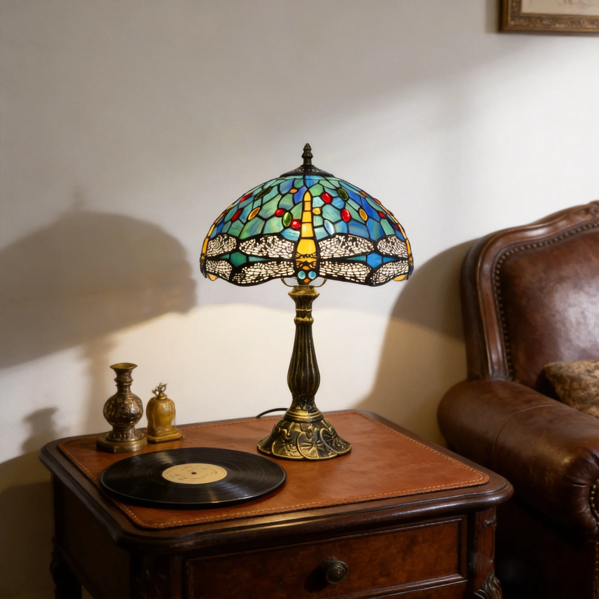 Tiffany Table Lamp,12 inch Stained Glass Style Dragonfly Antique Reading Light for Bedside Living Room Office Decor Home