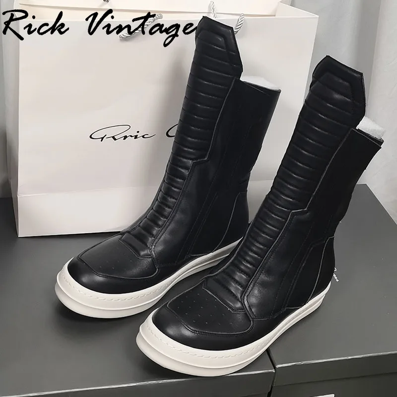 Rick Vintage Women Motorcycle Leather Boots Men Luxury Mid-Calf Winter Riding Boots Shoes Casual Zip Flats Black Shoes Unisex