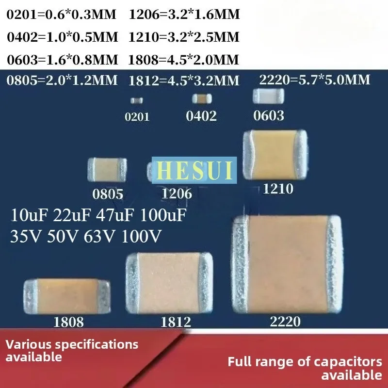 

MLCC SMD Ceramic Chip-Type Capacitor 10uF 22uF 47uF 100uF 35V 50V 63V 100V SIZE- 2220 1812 1210 1206 0805 0603