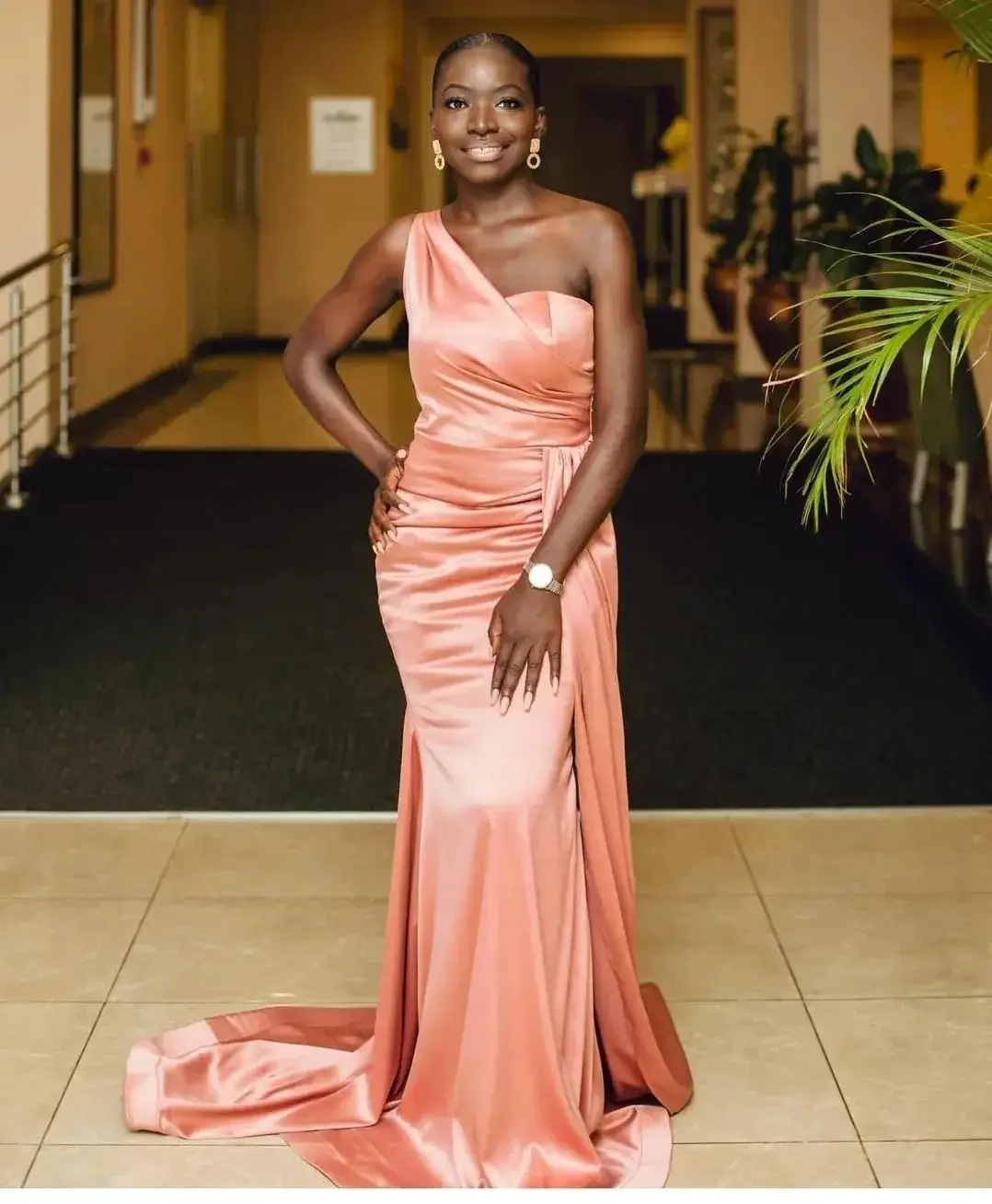 Coral Mermaid Bridesmaid Dress Silk Satin Floor-Length