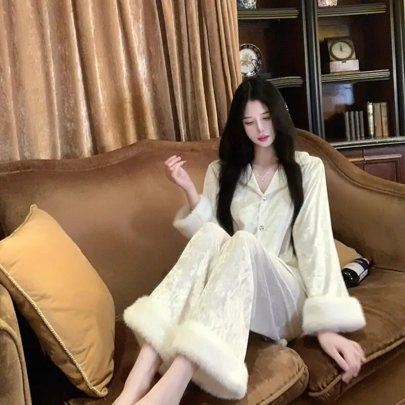 

Women's Clothing Pajama Set Homewear Long Sleeves Pants Two-Piece Set Autumn and Winter Thicken Comfortable Sweet Fashion