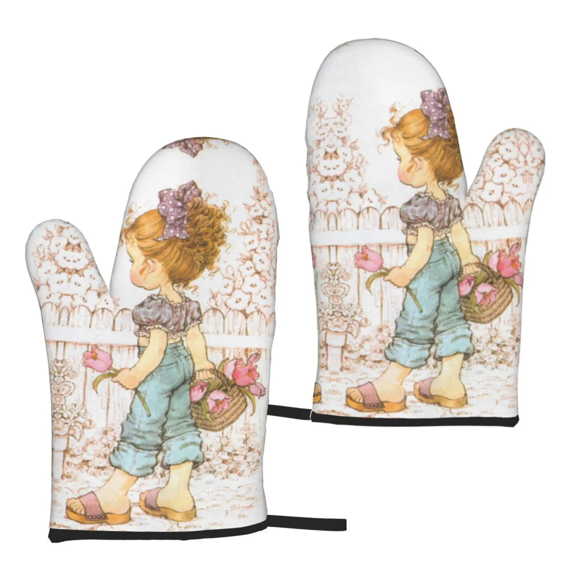 

Watercolor Girl Vintage Tulip Oven Gloves 2pc Women Kitchen Cooking Accessories One Size Bbq Waterproof Heat Resistant Glove