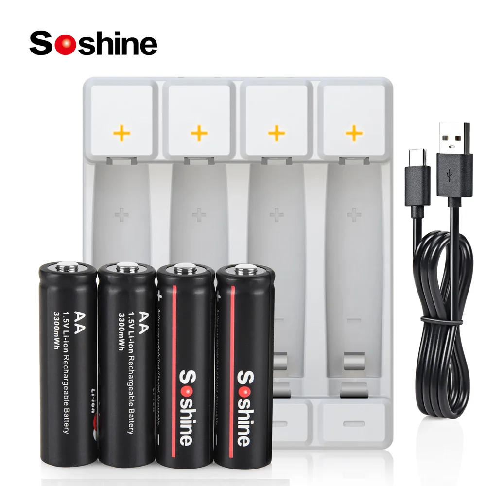 Soshine 1.5V Lithium Li-ion Battery AA Lithium Rechargeable Battery with Charger 3300mwh AA Batteries for Remote Control Camera