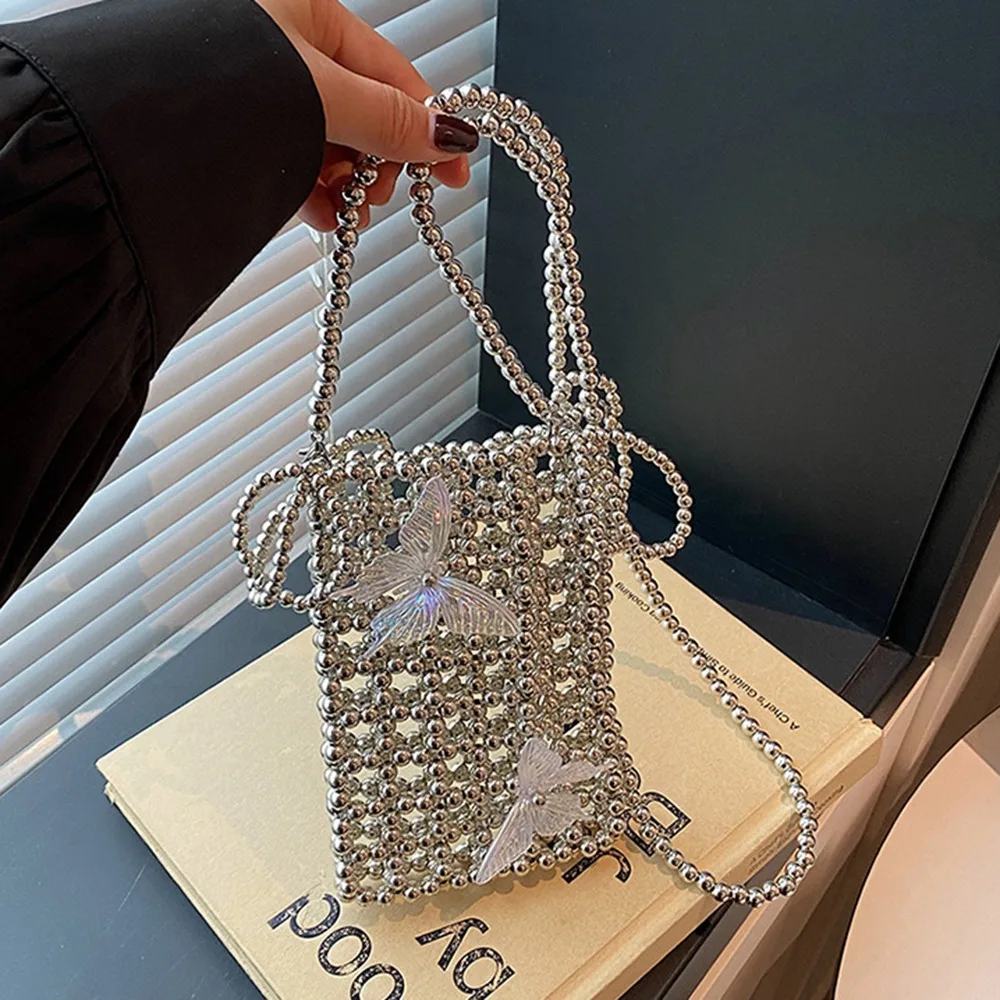 خمر لامعة حقيبة مربعة صغيرة المنسوجة فراشة مطرز حقيبة كتف الفضة اليدوية Crossbody الهاتف الحقيبة عطلة