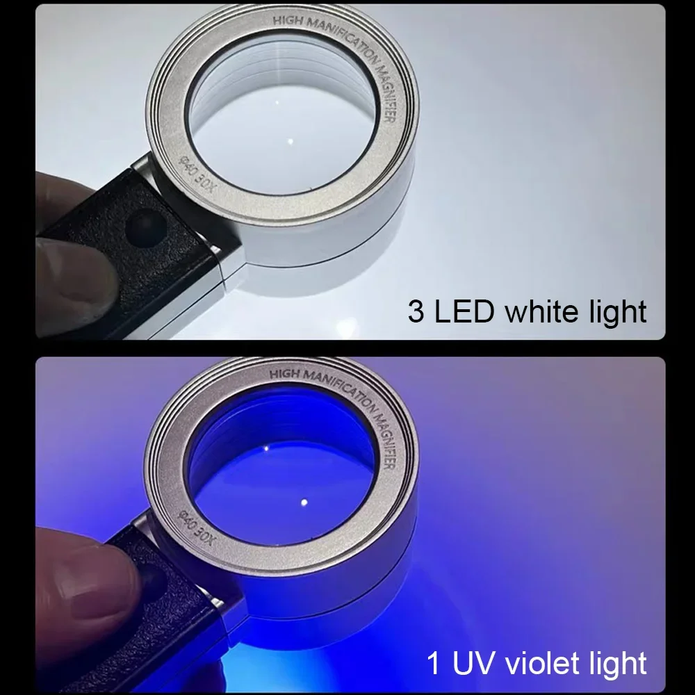 Lupa profesional con 4 luces LED, lentes ópticas de doble capa, 30X, herramientas de inspección