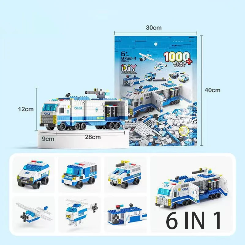 Ensemble de blocs de construction 6 en 1, ingénierie incendie, avion de Police spécial, modèle d'assemblage de baleine pour garçon, petites particules MOC, jouets techniques de bricolage