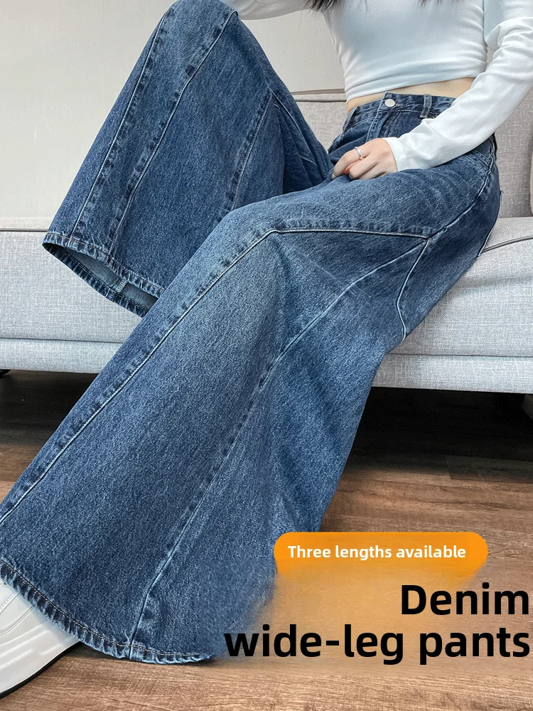 

High Waist Wide Leg Blue Jeans Women's Spring Autumn 2026 New Style Hong Kong Flavor Loose Straight Cut Floor Length Pants