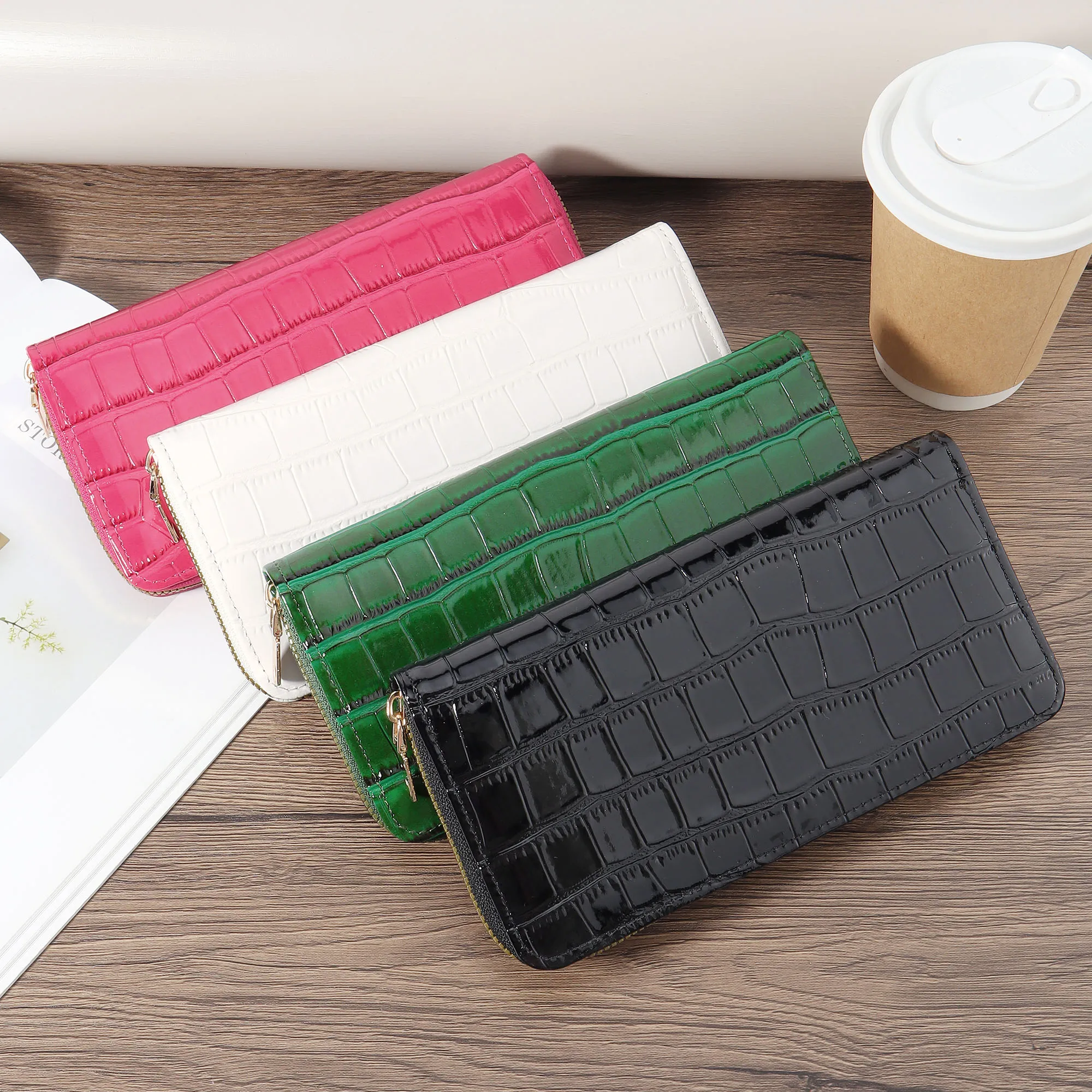 Nueva cartera larga clásica retro para mujer de gran capacidad, estilo de color sólido, bolso de mano con cremallera y ranura para tarjetas
