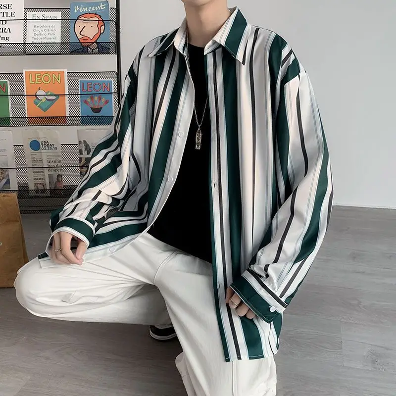 2023 Spring New Hong Kong Breeze Long Sleeve Striped Printed Fashion Trend Temperament Men's Clothing Loose Korean Version Shirt