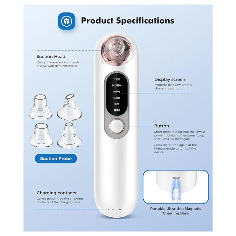 Kit de nettoyage de pores du visage en acier inoxydable, comprend 4 têtes amovibles, idéal pour l'élimination des points noirs pour peaux sensibles