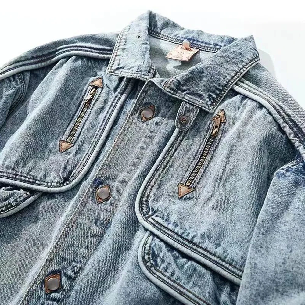 2024 Autumn Winter Vintage Denim Jackets Men Solid Casual Jean Coat Fashion Stand Collar Moto Biker High Street Tide Outwears