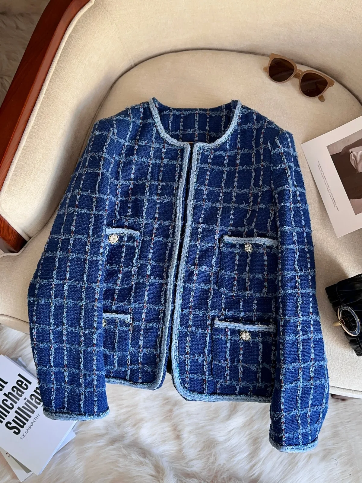 

Blue Luxury Woven ort Coat Women's Spring 2023 Ele Lady's Top Commute Sle Long Sve Button Closure Plaid Pattern