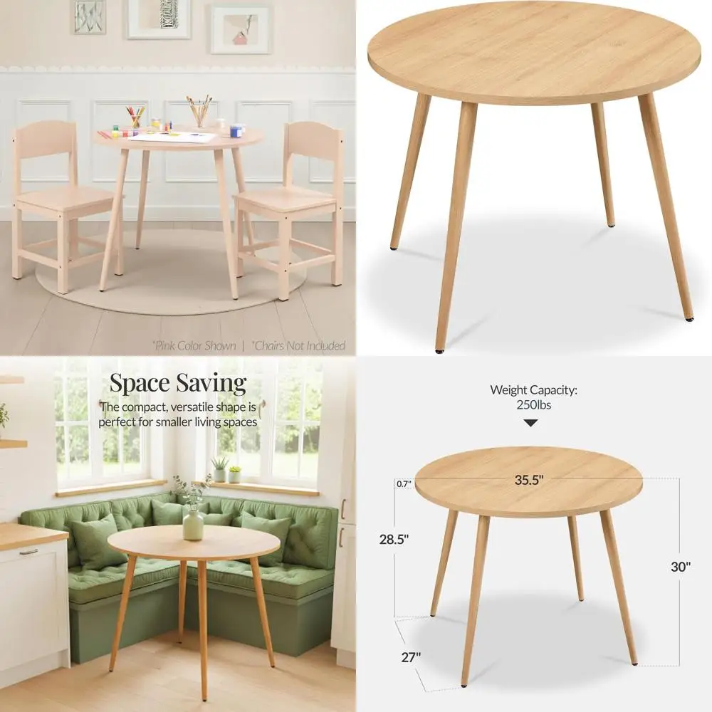 Space-Saving 35.5 Round Dining Table with Wooden Inish Steel Legs, Ideal for Small Spaces, Natural Finish