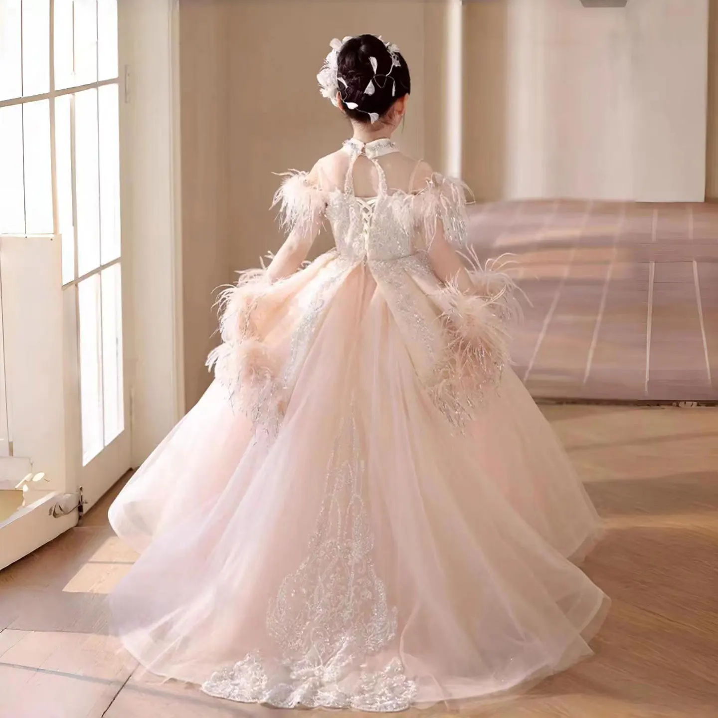 Luxe roze Dubai meisje jurk kralen veren Arabische prinses kinderen bruiloft verjaardagsfeestje lange baljurk 2025