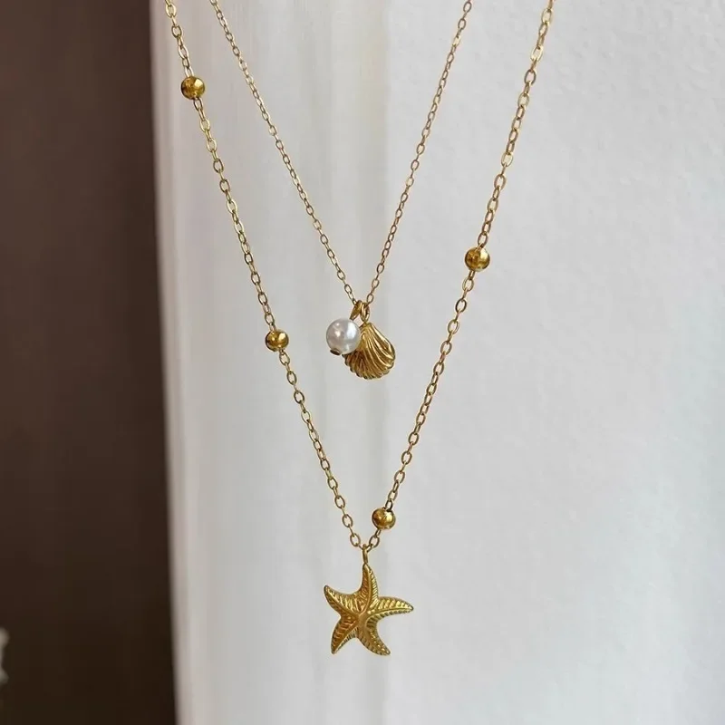 Charm Necklace for Women, Boho 18K Gold Plated Stainless Steel Starfish Shells Beaded Double Chain Necklaces for Mom Best Friend