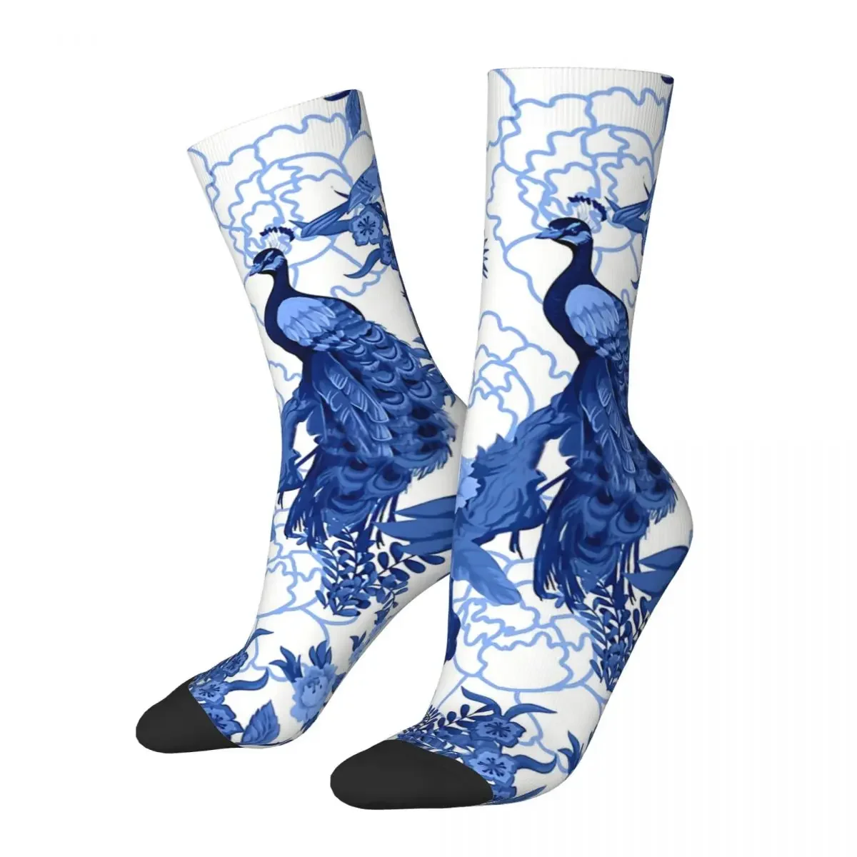 Funny Happy Men's Socks Delft Blue Chinoiserie Fengshui Oriental Garden With Peacocks Hip Hop Pattern Crew Crazy Sock Gift