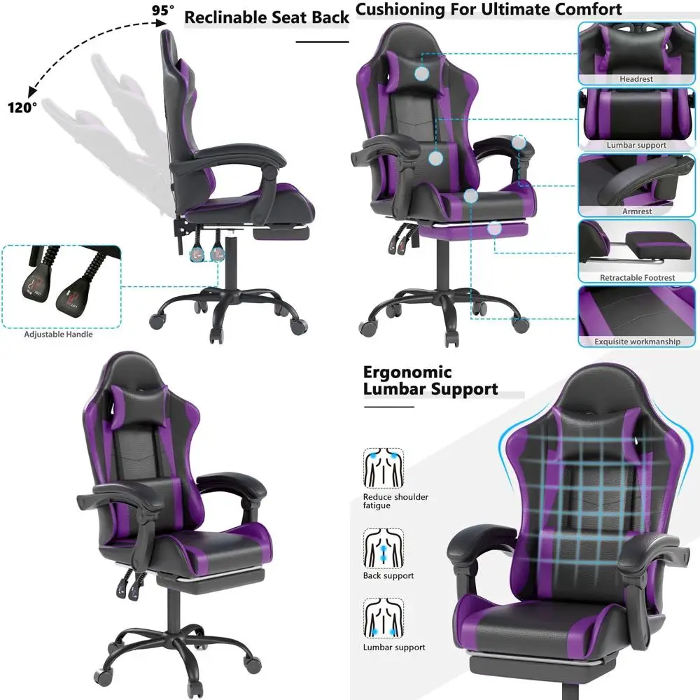 

Фиолетовое эргономичное кожаное кресло в гоночном стиле с подголовником и поясничной опорой для домашнего офиса