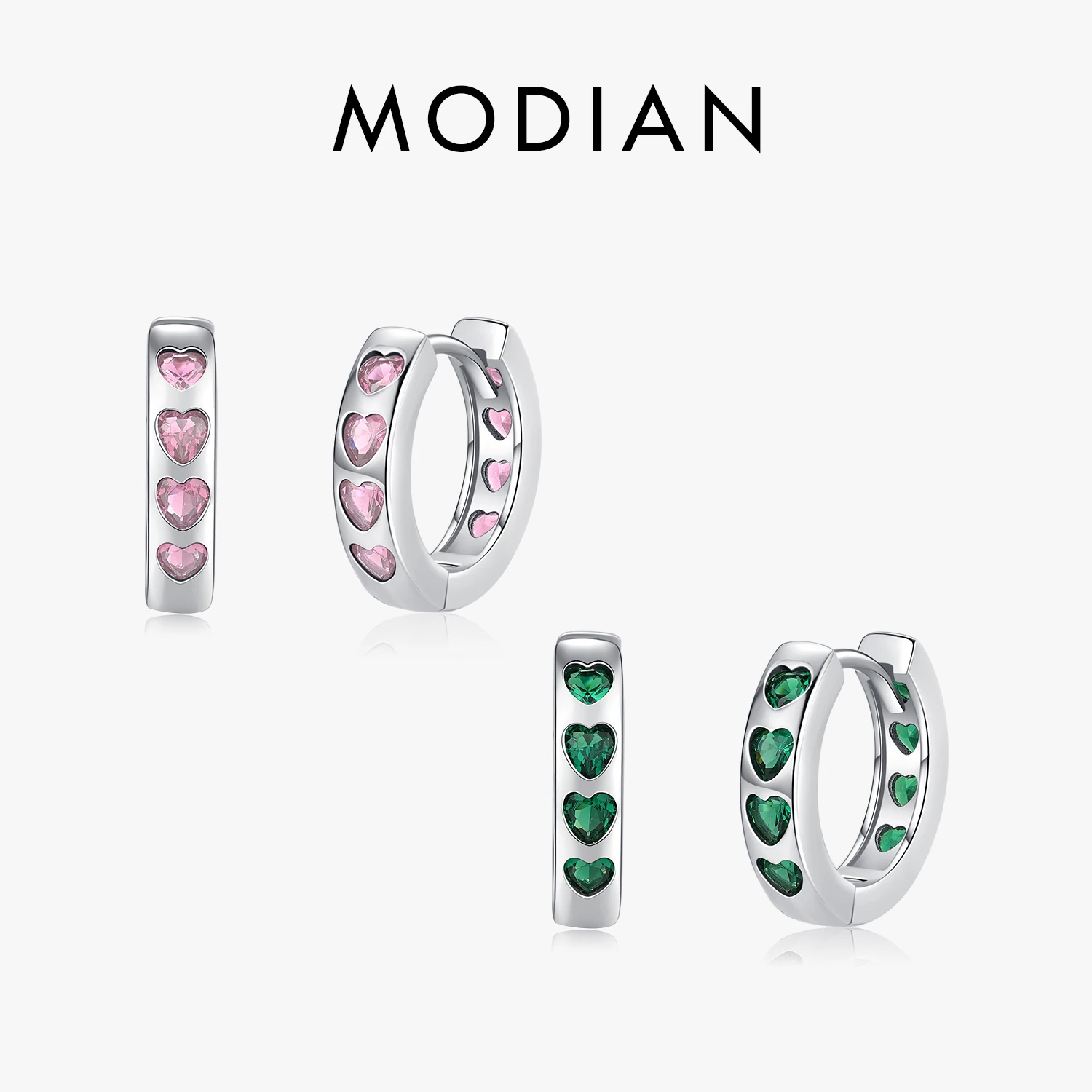 MODIAN 925 Sterling Silver Pink And Green Hearts Zirconia Ear Buckles Exquisite Hoop Earrings For Women Original Design Jewelry