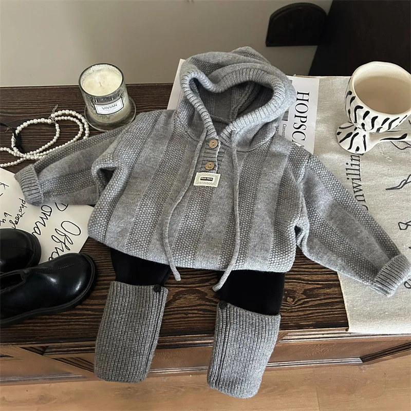 Girls Suit 2024 Autumn New Childrens Wear Korean Style Baby Girl Knitted Hooded Sweater Pile Pile Socks Leggings Two-piece Set