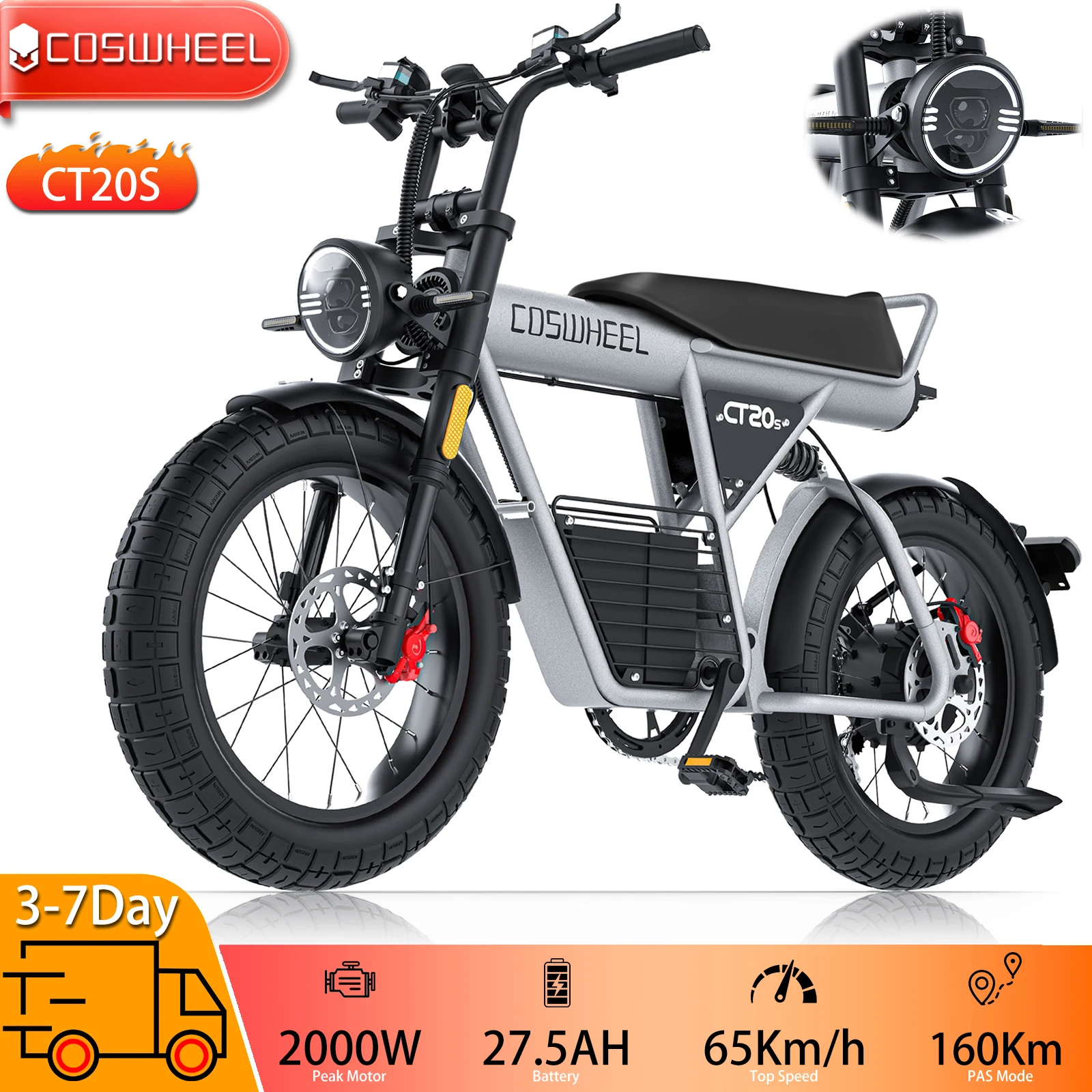 

Электрический горный велосипед COSWHEEL CT20S 20x5,0 дюйма, 2000 Вт, пиковый двигатель, 60 В, 27,5 Ач, верхний, 65 км/ч, режим PAS, 100-160 км, электронный велосипед для взрослых, новый