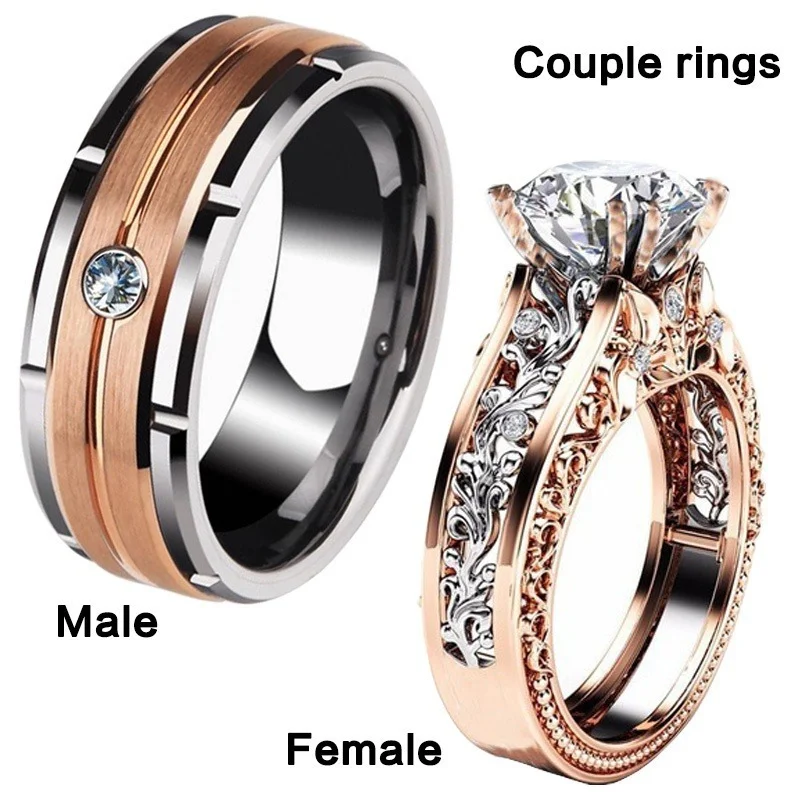 1pcs Luxury Women Ring Metal Hollow Carving Pattern Rose Gold Color Zircon Stones Couple Ring Bridal Engagement Wedding Jewelry