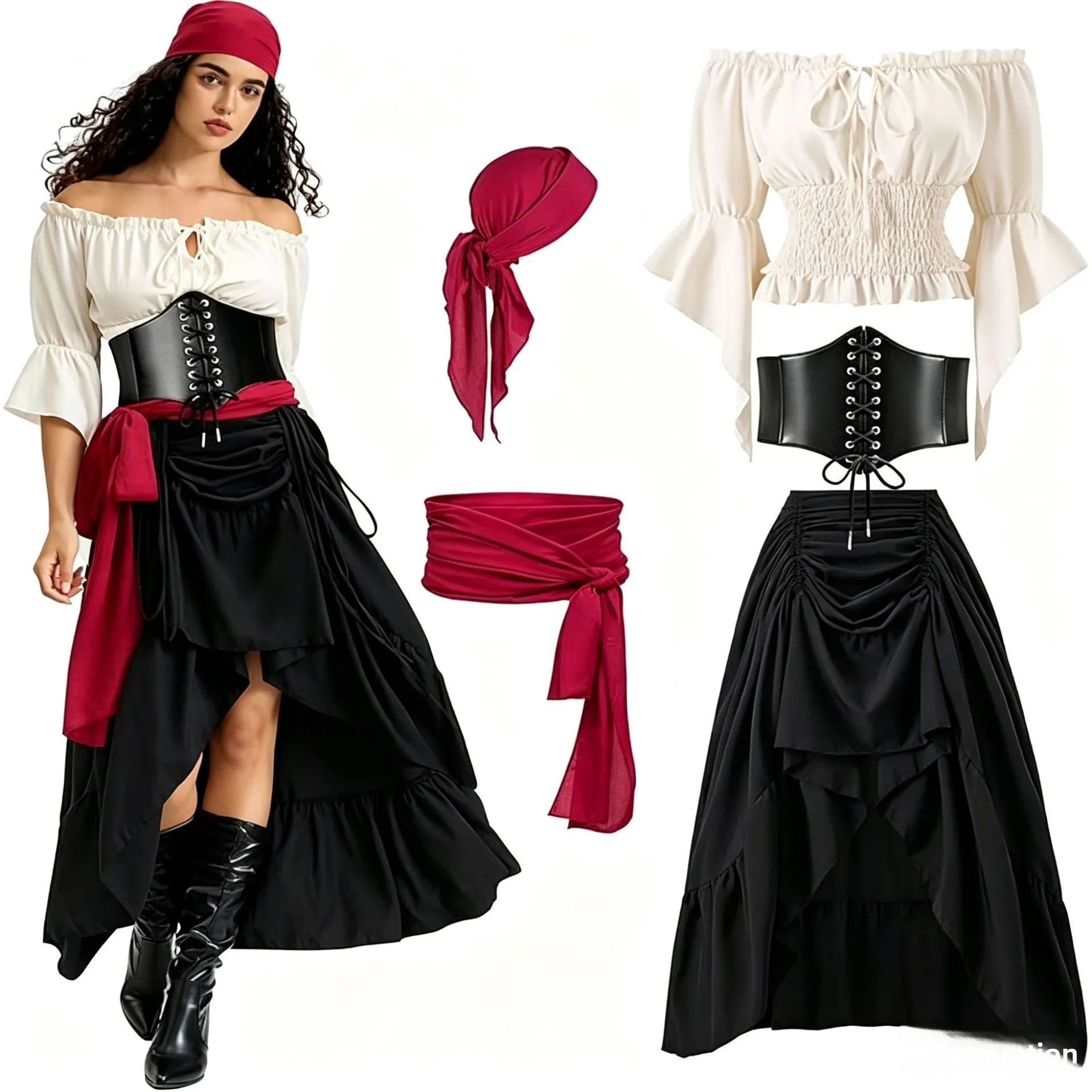 Halloween Captain Pirate Cosplay Long Skirt Waist Cinched Party Role Play Vintage Ship's Captain Gown Stage Performance Costume