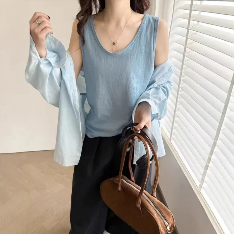 Johnature Summer U-neck Korean Snowflake Cotton Simple Loose Sleeveless Women Fashion Versatile Layering Casual Dsrape Tops Vest