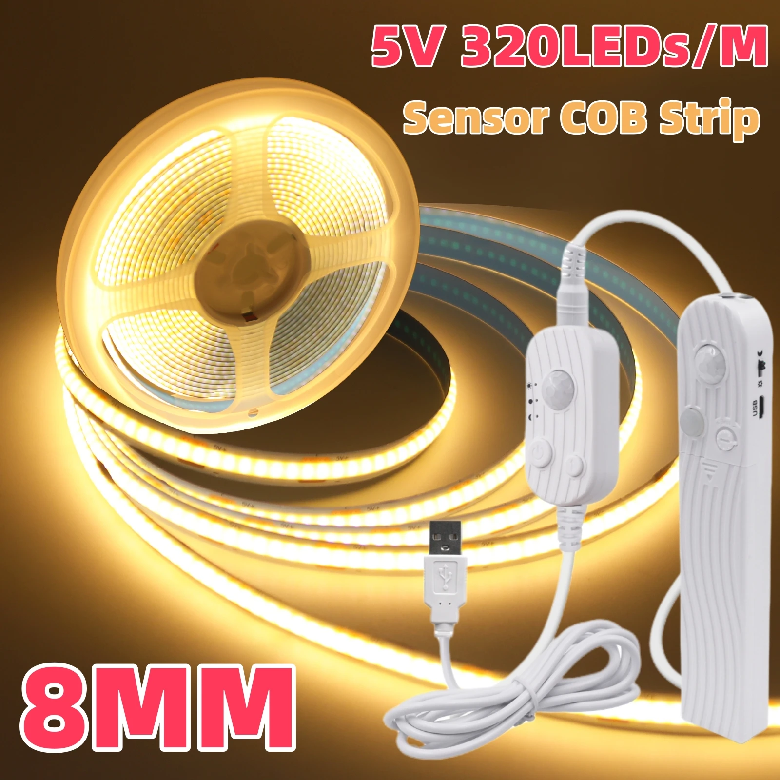 

5V Dimmable Battery Box USB COB LED Strip Light PIR Motion Sensor 320LEDs/M Flexible LED Tape Ribbon For Stair Closet Kitchen