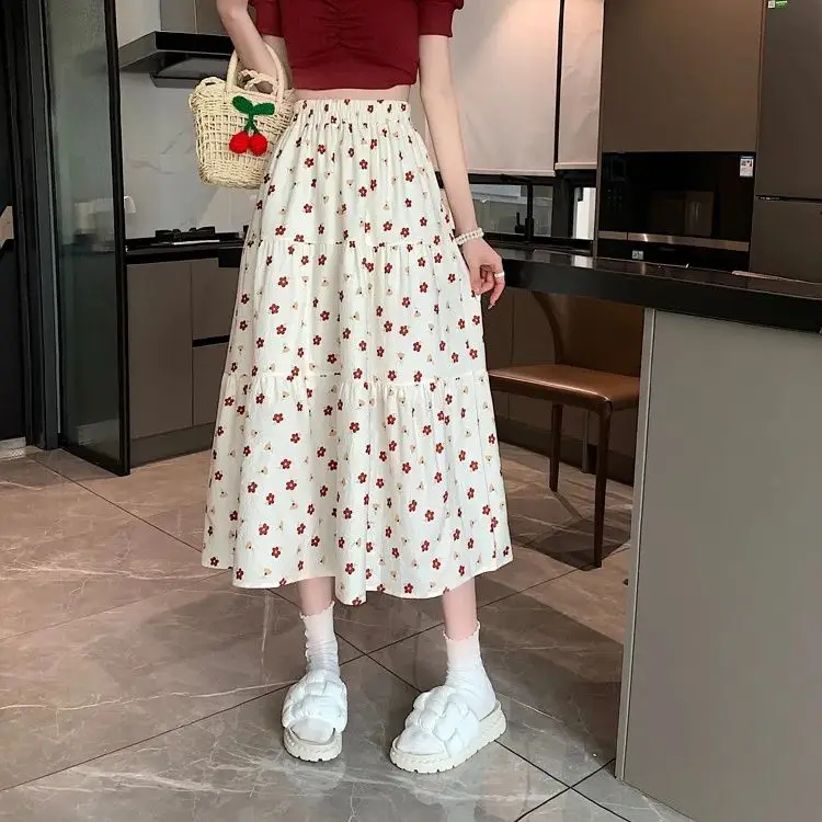 

2026 Fashion Floral Print A-line Skirt Female Summer Loose Medium Long Skirts Women High Waist Casual Thin Skirts U125