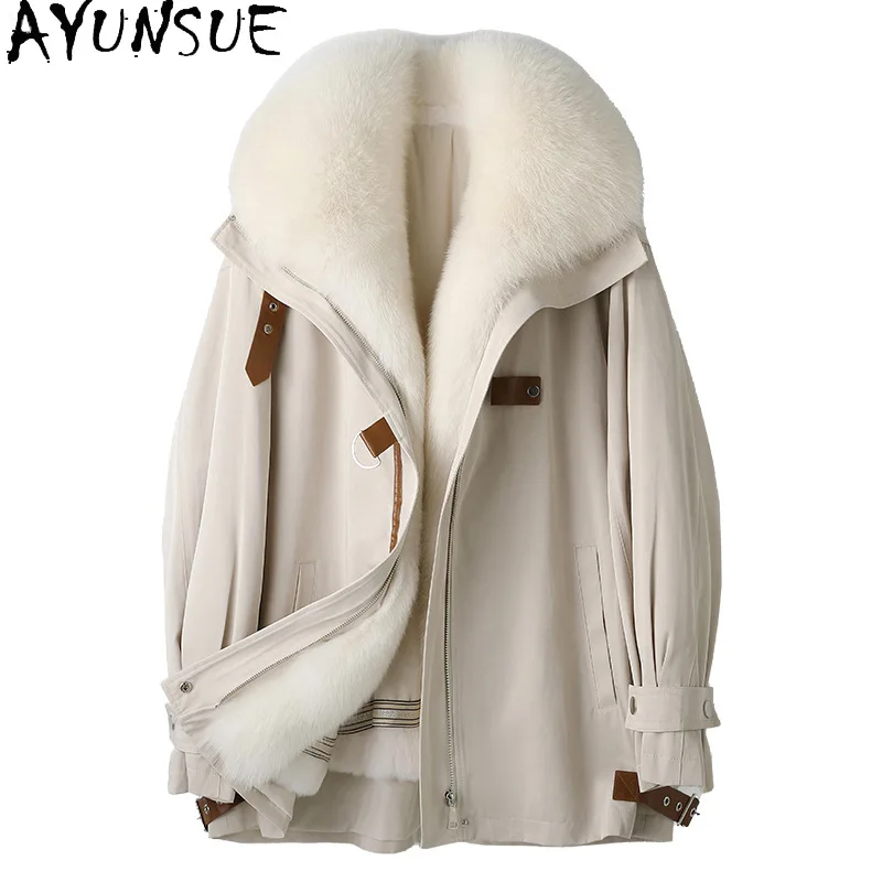 

AYUNSUE Rex Rabbit Fur Coat 2025 Real Fur Parka Women Winter Clothes Fox Fur Collar Mid-length Coats for Woman Шуба Женская