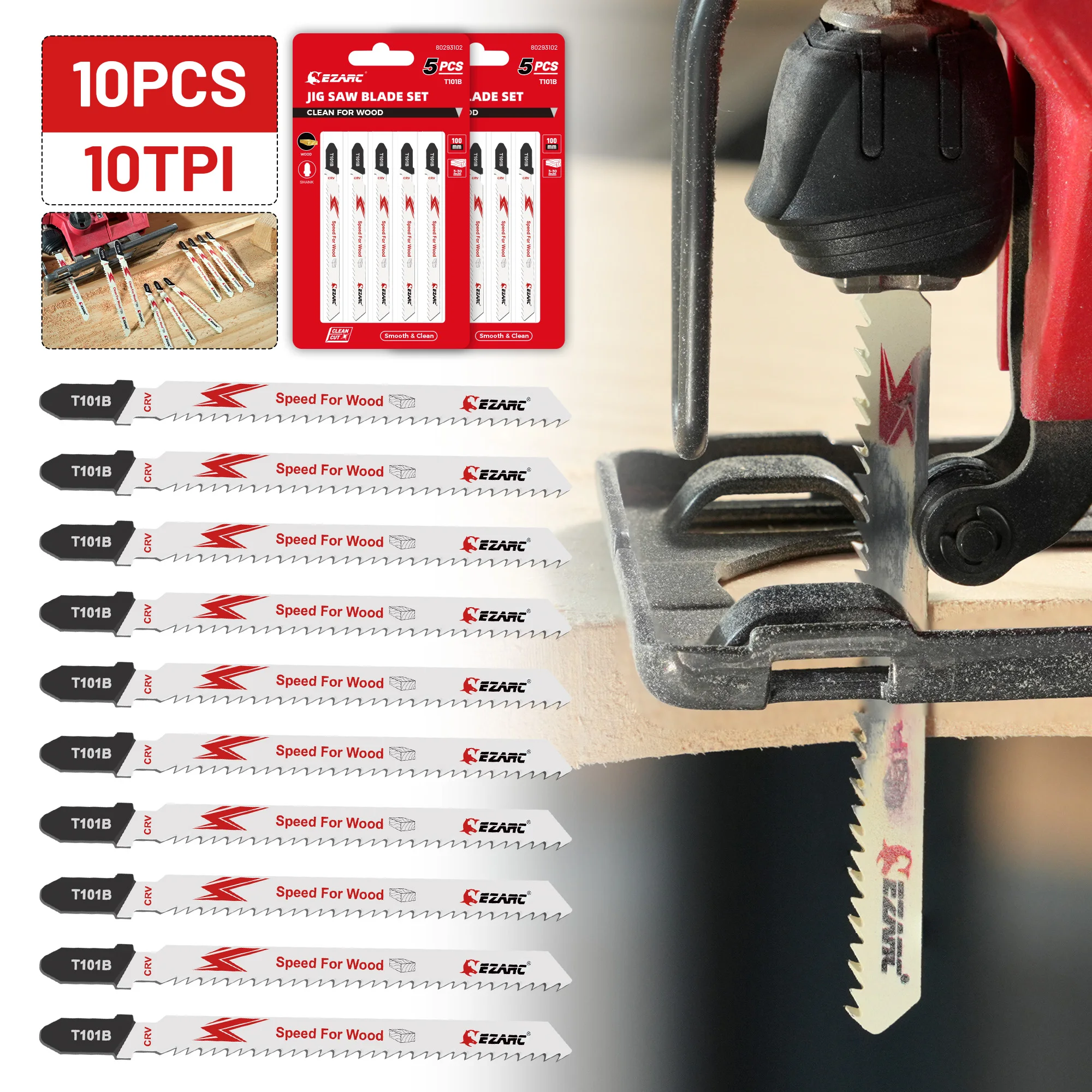 

10pcs CRV Jigsaw Blades for Wood, 10 TPI T101B Jig Saw Blades Set for Curved & Scrolling Cutting, Assorted T-Shank Replacement
