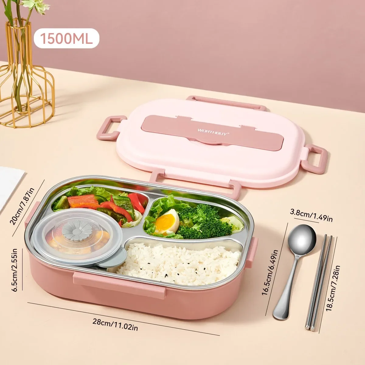 4/5 vakken, draagbare lunchbox van 304 roestvrij staal, geschikt voor kinderen en studenten, met een grote inhoud, inclusief bestek en kom, en kan worden verwarmd.