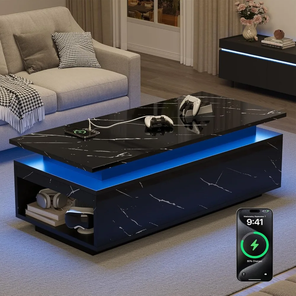 

Coffee Table with Storage, Black Coffee Table with Wireless Charging and Speaker, High Glossy Modern Center Table with 24 Co