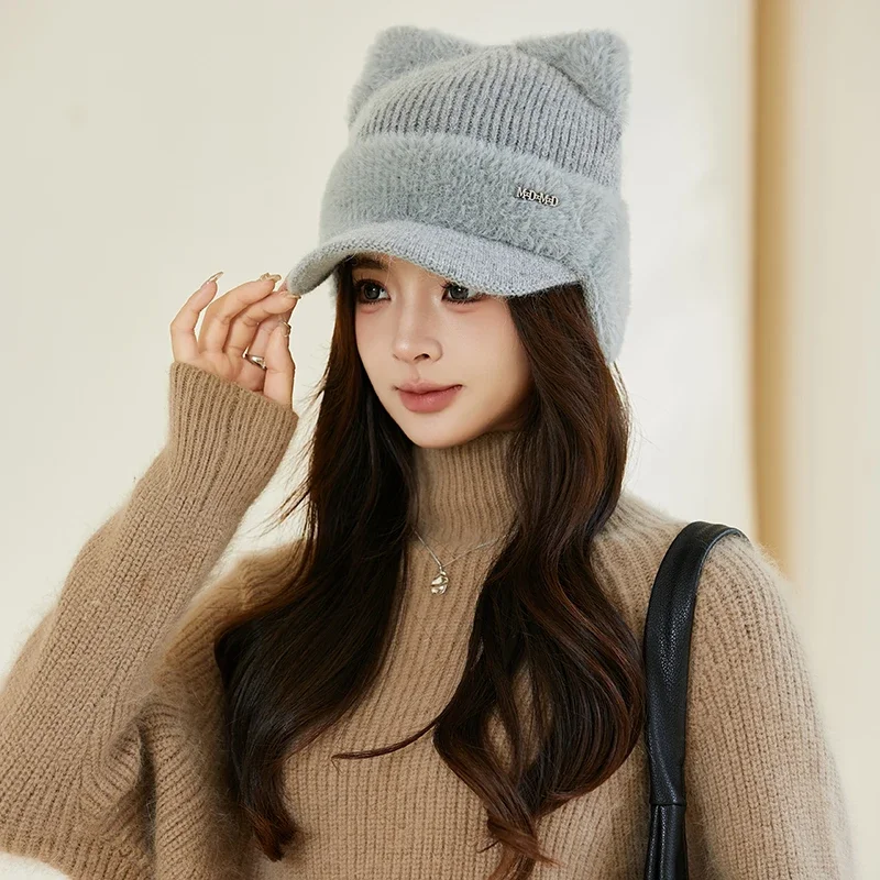 New Korean Mosaic Mink Cartoon Cat's Ears Winter Baseball Hat for Women Warm Knitted Hat Fashion Thickened Furry Earflap Beanie