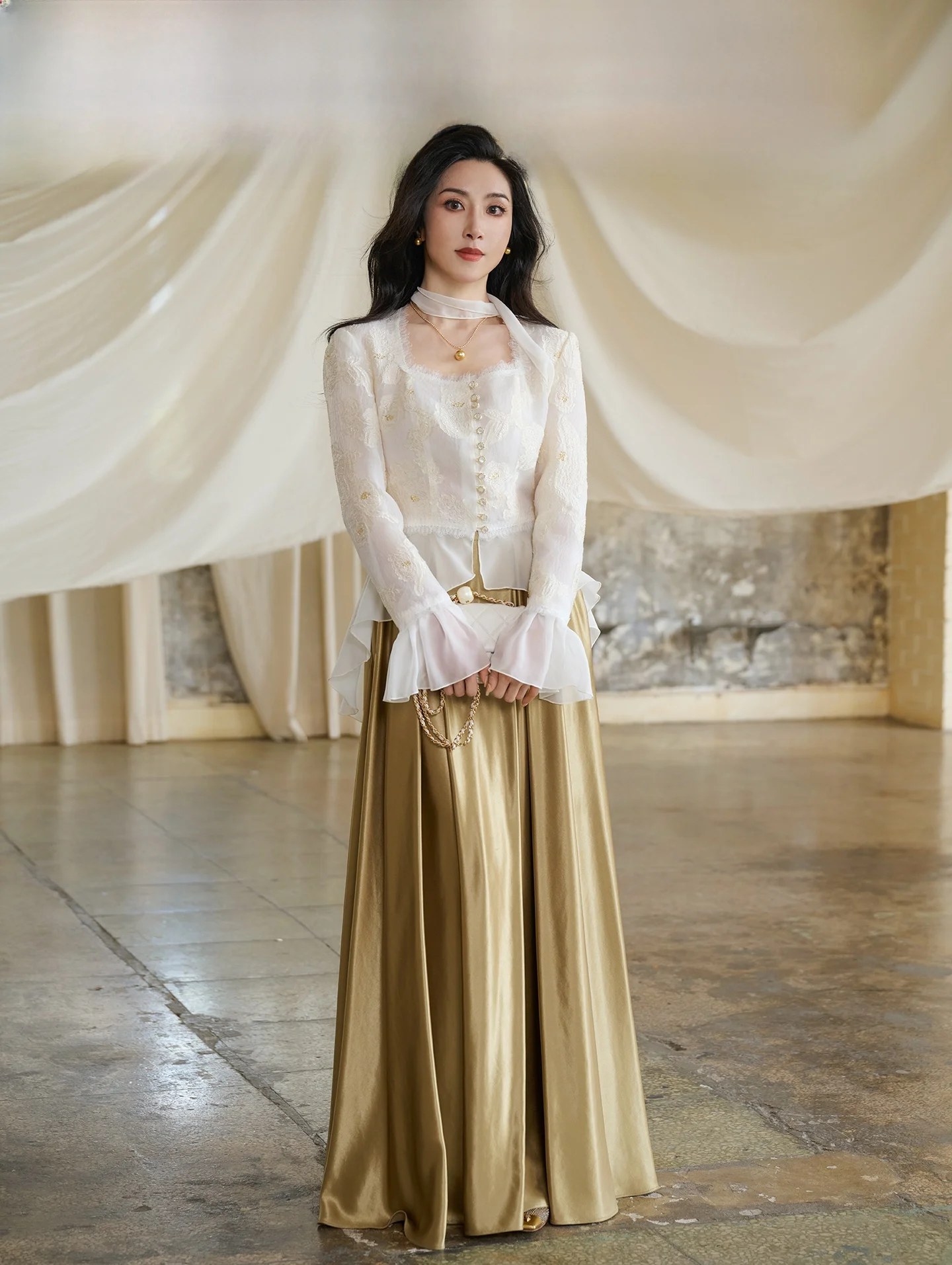 

Шелковая куртка Ele Silk с цветочной вышивкой и шифоновыми вставками, квадратным воротником, устойчивая к сминанию, женская, осенняя, модная