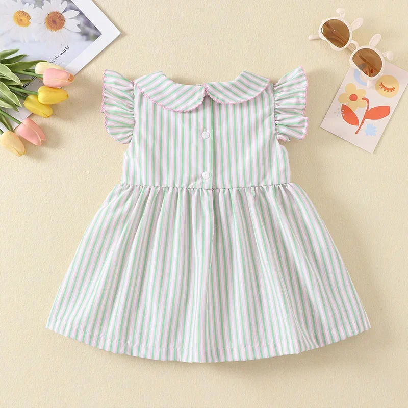 2025 Girls Smocking Bishop Handmade Dresses Children's Boutique Stripes ClothingDress Summer Cotton And Linen Flying Sleeve