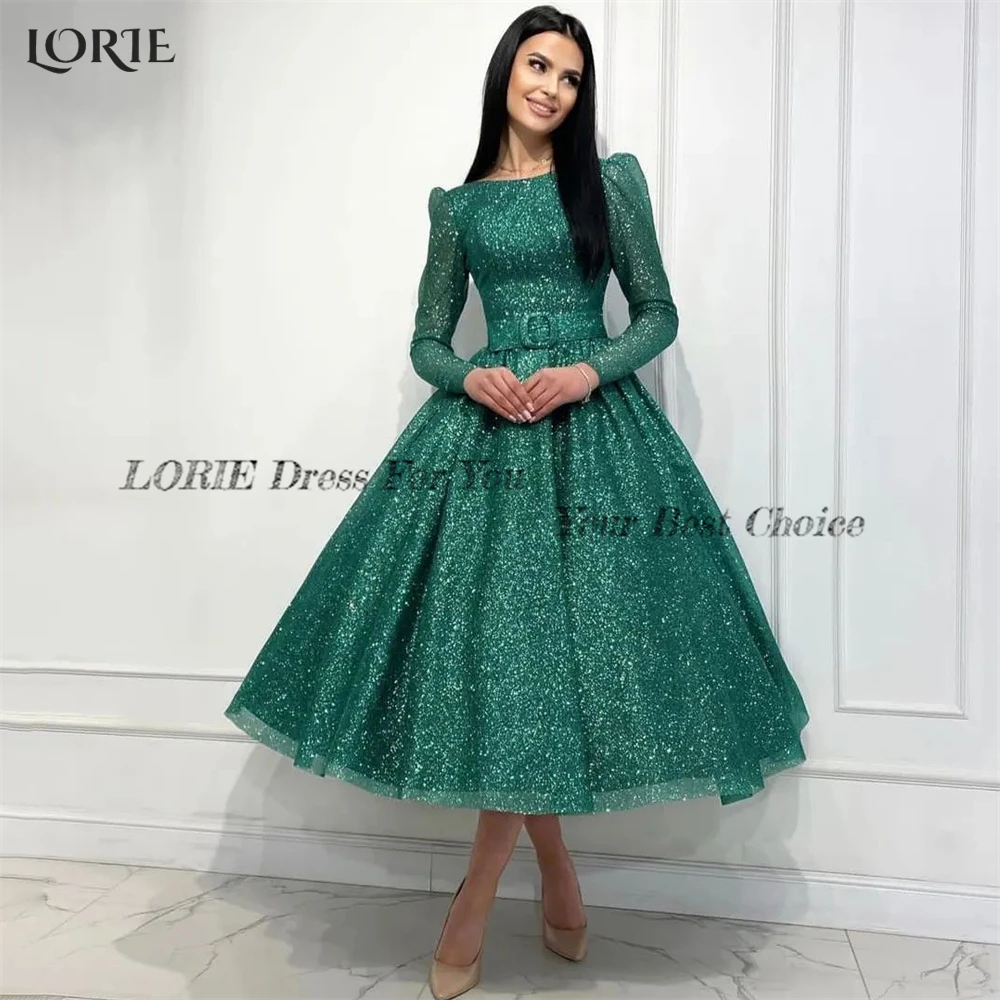 LORIE Dark Green Glitter Formal Evening Dresses Cap Sleeves Shiny A-Line Tea Length Prom Dress Backless For Wedding Party Gowns