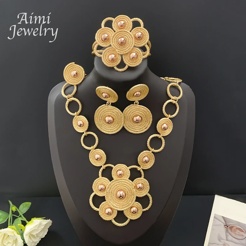 Exaggerated Moroccan Choker Collar Necklace Drop Earrings Bracelet Ring 18K Gold Plated Jewelry Set Bridal Wedding Party Gifts