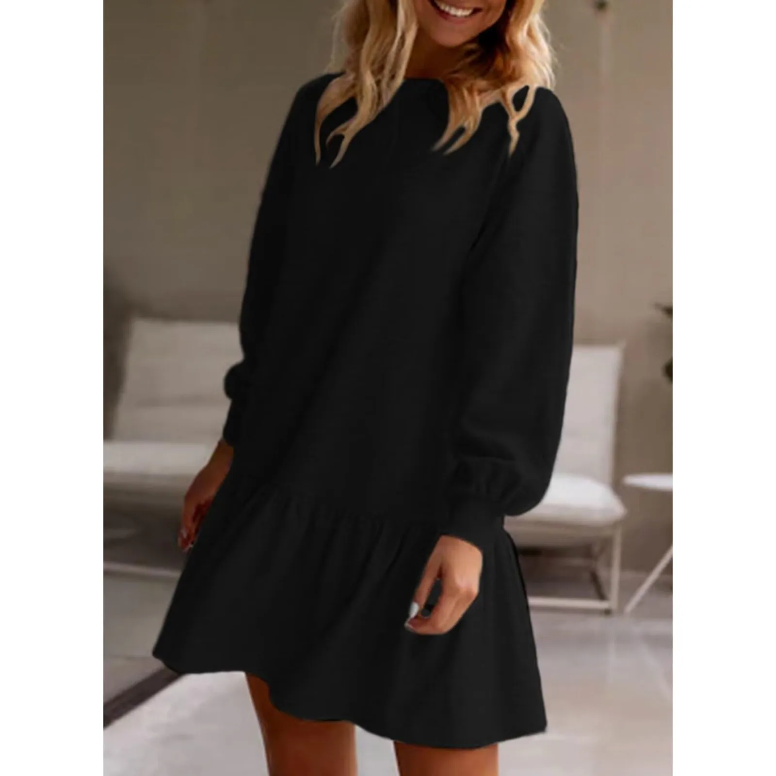 Womens 2024 Fall Long Sleeve Pullover Tops Crewneck Rib Knit Patchwork Sweatshirt Dress Summer Comfy Casual Mini Dresses