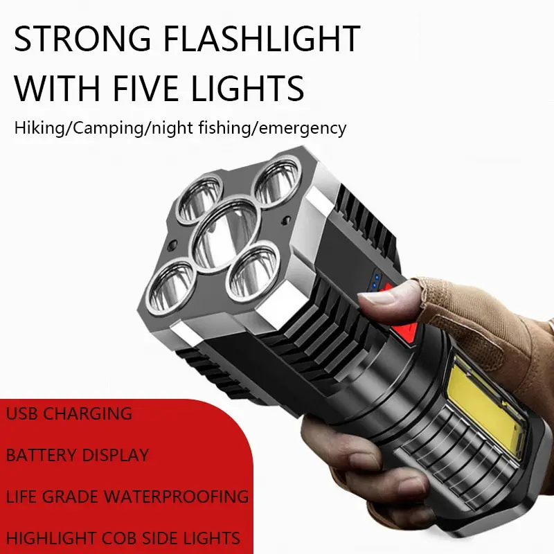 Flashlights Rechargeable Camping Spotlight with Side Light 3 Lighting Modes for Camping Adventure Outdoor5LED High Power Led