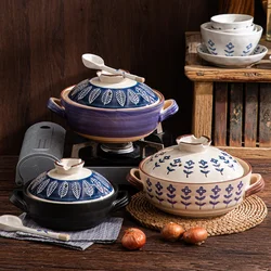 Japanese Ceramic Casserole Stew Pot Household Cooking Gas Retro Flower Pattern Soup Pots High Temperature Resistant Cooking Pot