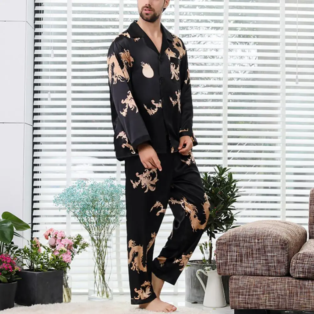 Imitation Silk Men Women Pajamas Set Dragon Print Couple Sleepwear Nightclothes Two-piece Pajama Homewear Pnats Set Loungewear